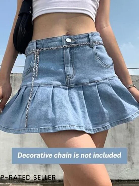 Pleated Denim Mini Skirt A-Line High Waist Y2K Preppy Casual Trendy - Picture 4 of 7